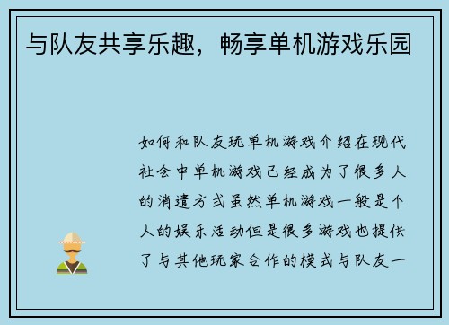 与队友共享乐趣，畅享单机游戏乐园